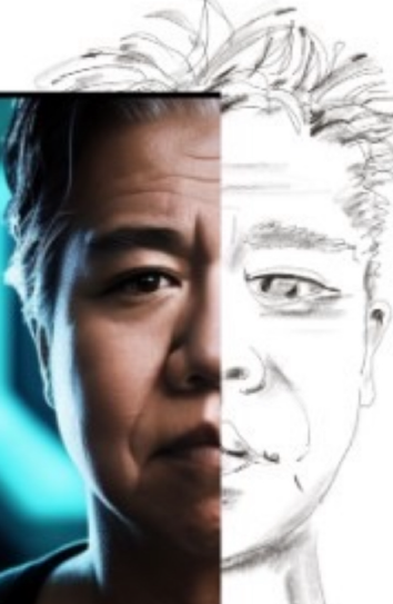 先生の半顔画像(左:手描き、右:AI)
